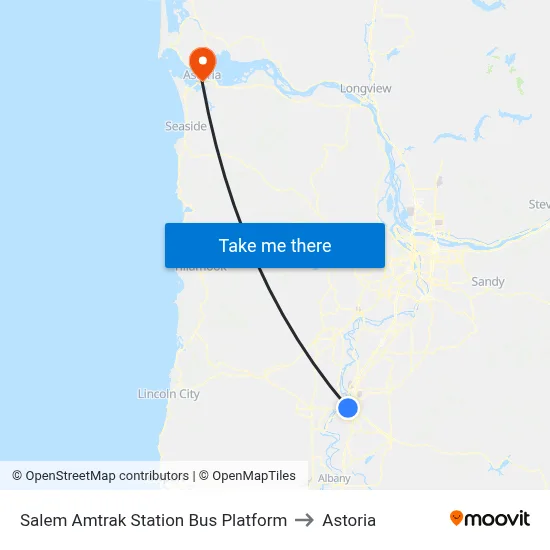 Salem Amtrak Station Bus Platform to Astoria map