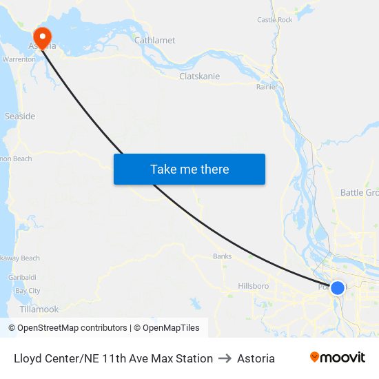 Lloyd Center/NE 11th Ave Max Station to Astoria map