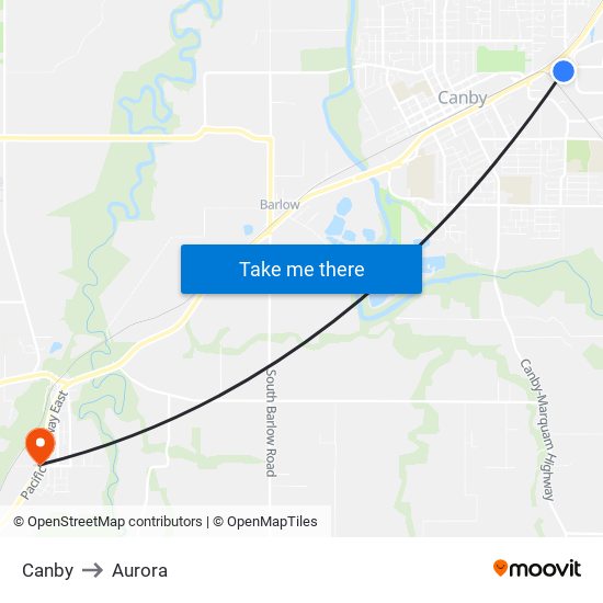 Canby to Aurora map