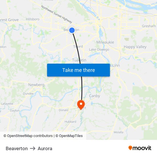 Beaverton to Aurora map