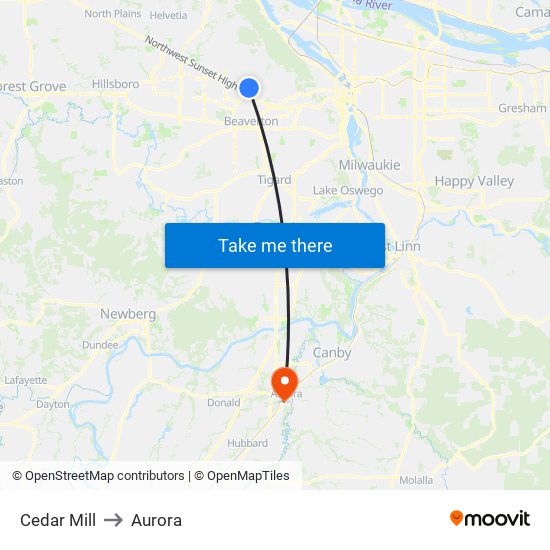 Cedar Mill to Aurora map