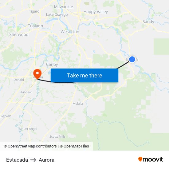 Estacada to Aurora map