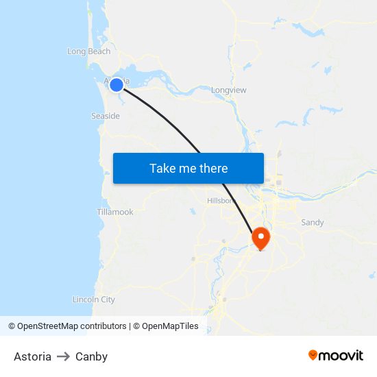 Astoria to Canby map