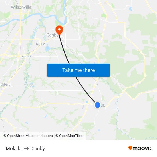 Molalla to Canby map