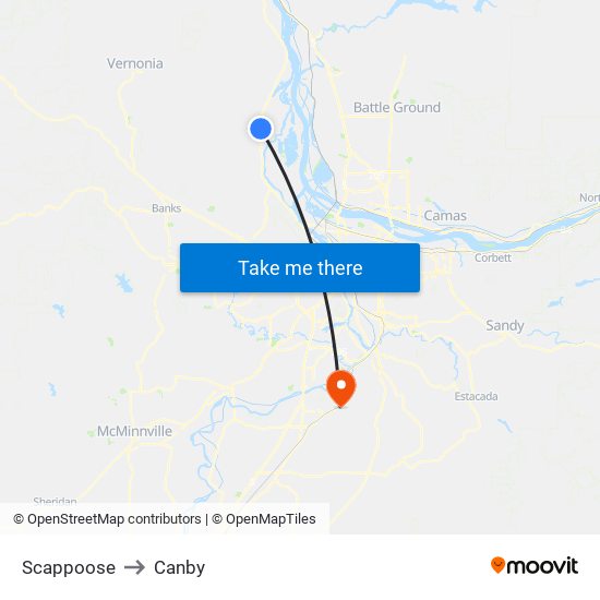 Scappoose to Canby map