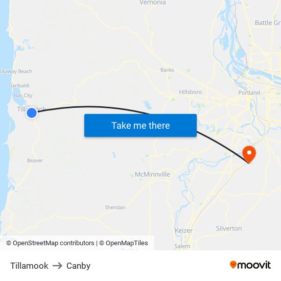 Tillamook to Canby map