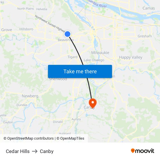 Cedar Hills to Canby map