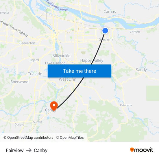 Fairview to Canby map