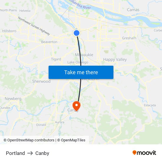 Portland to Canby map