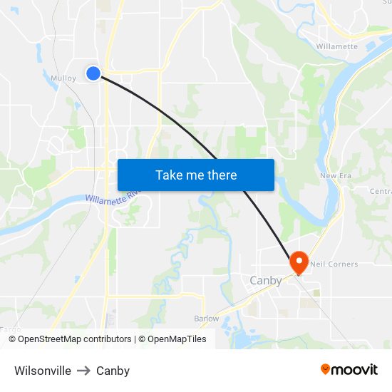 Wilsonville to Canby map