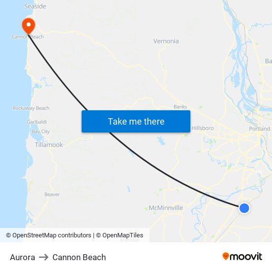 Aurora to Cannon Beach map