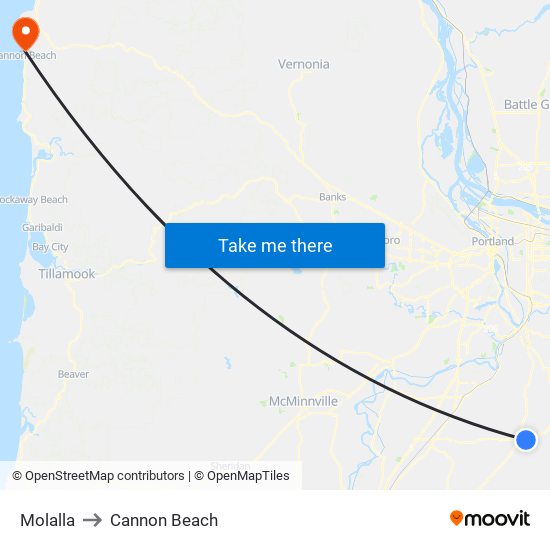 Molalla to Cannon Beach map