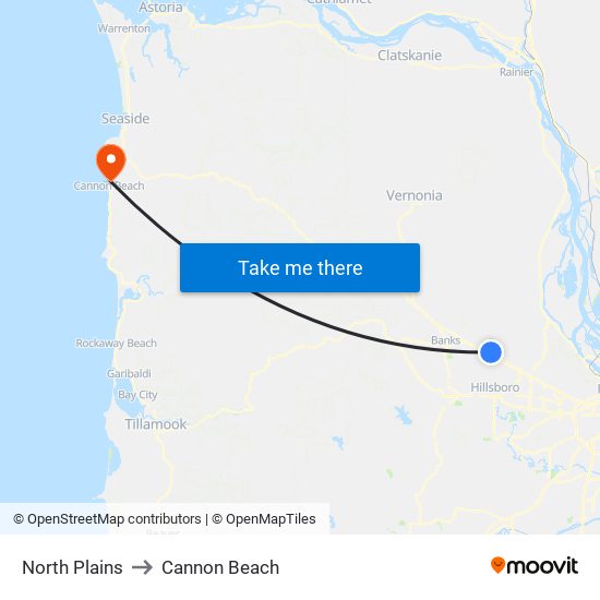 North Plains to Cannon Beach map