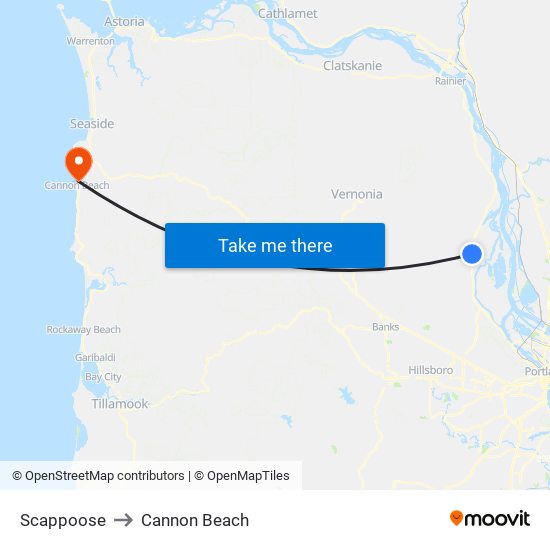 Scappoose to Cannon Beach map