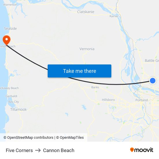 Five Corners to Cannon Beach map