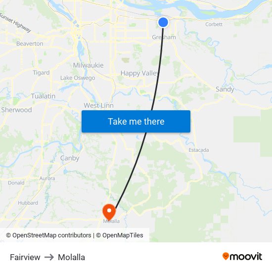 Fairview to Molalla map