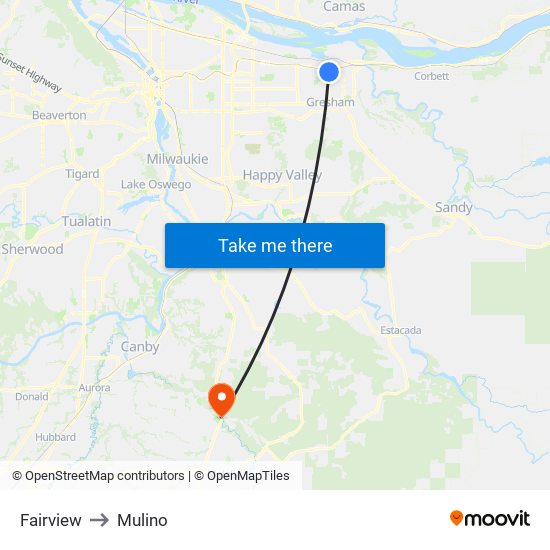 Fairview to Mulino map