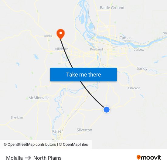 Molalla to North Plains map