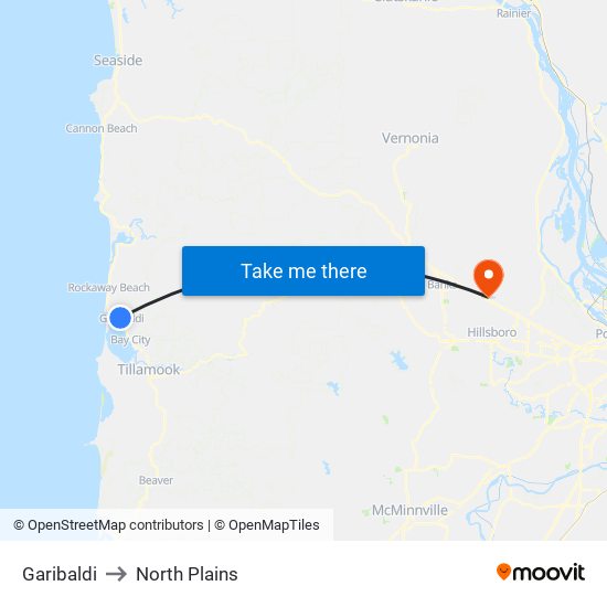 Garibaldi to North Plains map