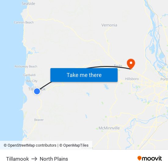 Tillamook to North Plains map