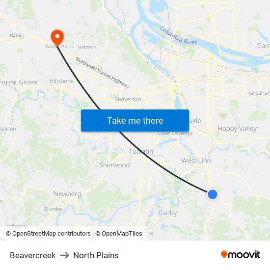 Beavercreek to North Plains map