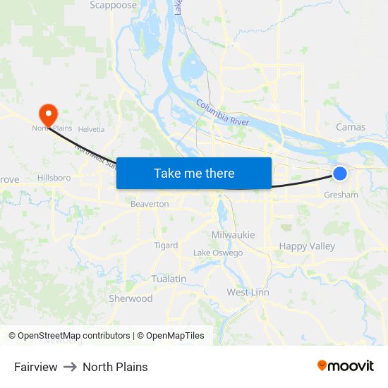 Fairview to North Plains map
