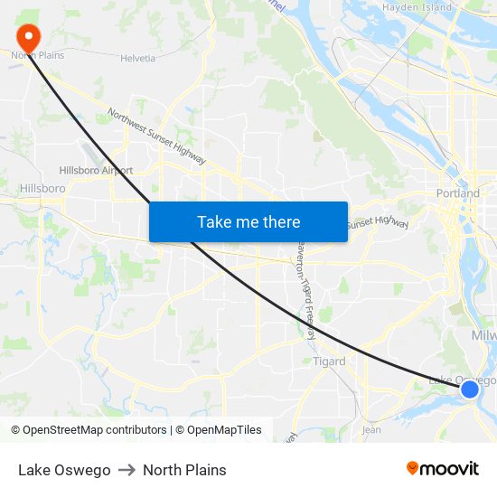 Lake Oswego to North Plains map