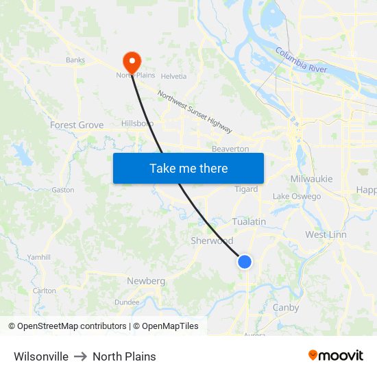 Wilsonville to North Plains map
