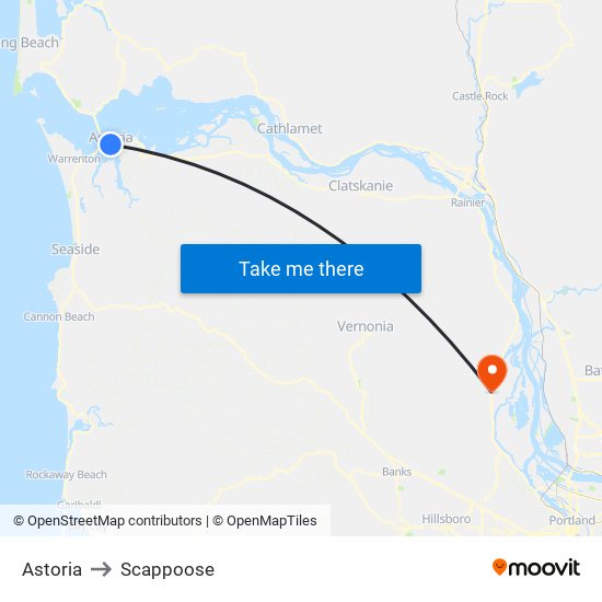 Astoria to Scappoose map