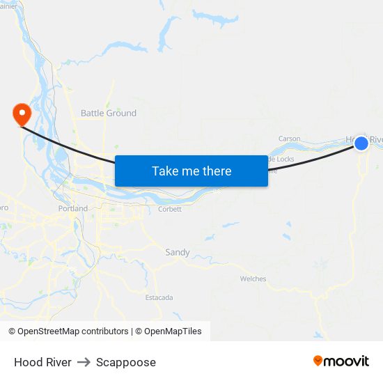 Hood River to Scappoose map