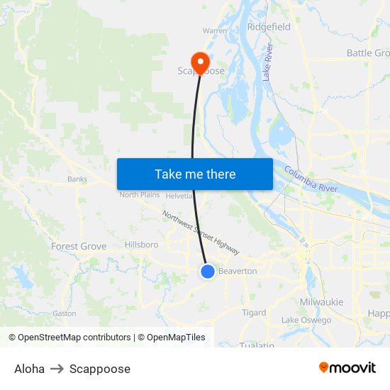 Aloha to Scappoose map