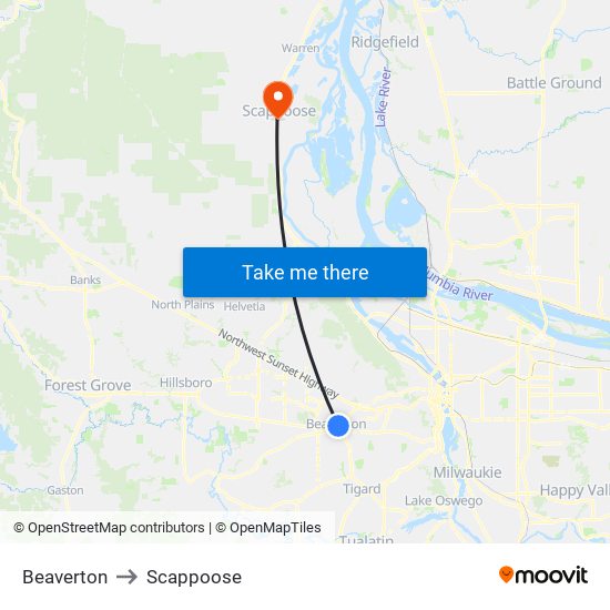 Beaverton to Scappoose map