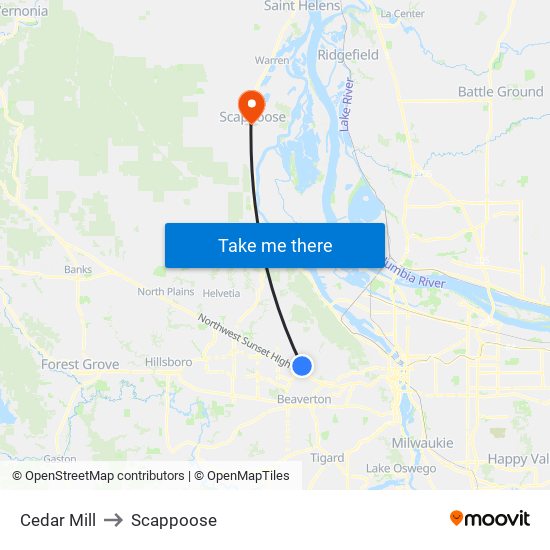 Cedar Mill to Scappoose map