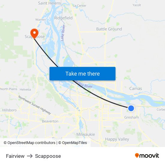 Fairview to Scappoose map