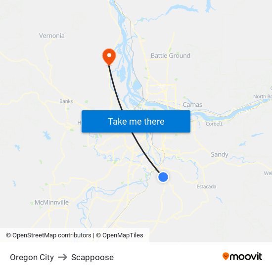 Oregon City to Scappoose map