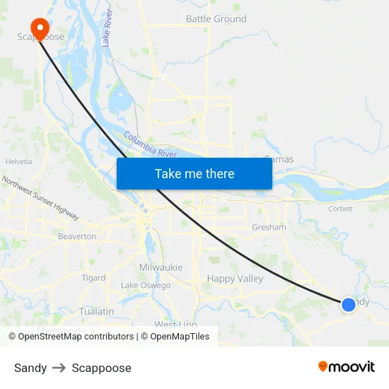 Sandy to Scappoose map