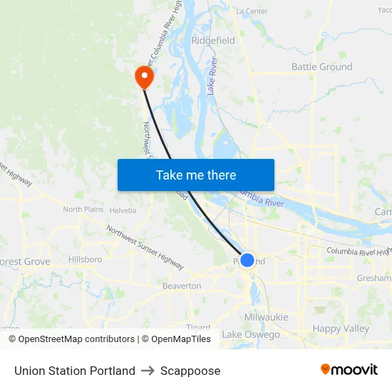 Union Station Portland to Scappoose map