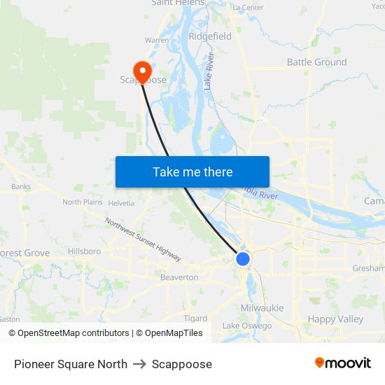 Pioneer Square North to Scappoose map
