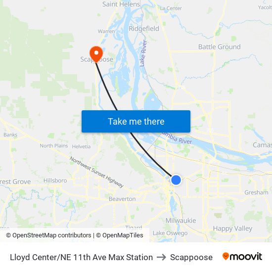 Lloyd Center/NE 11th Ave Max Station to Scappoose map