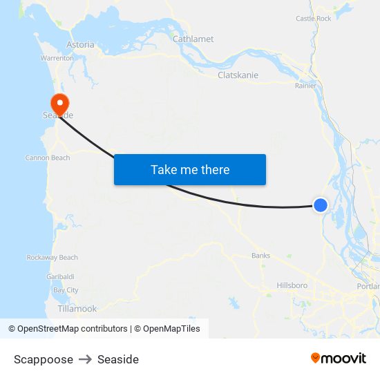 Scappoose to Seaside map