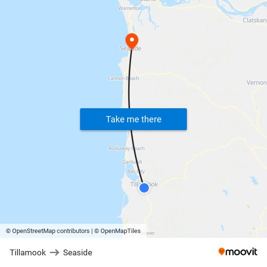 Tillamook to Seaside map