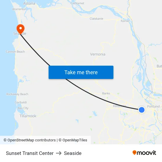 Sunset Transit Center to Seaside map