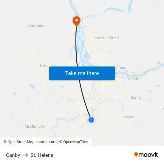 Canby to St. Helens map