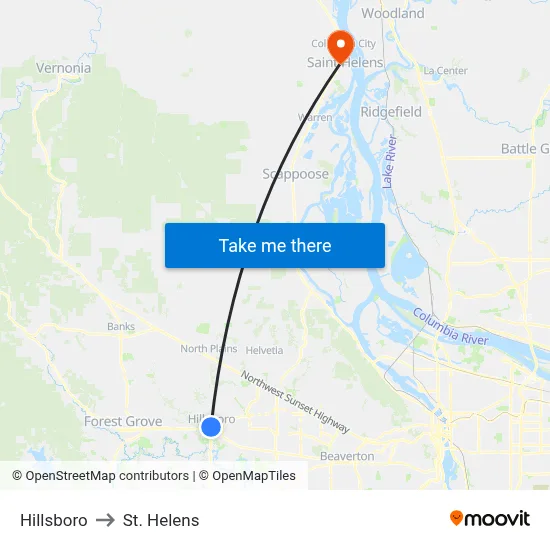 Hillsboro to St. Helens map