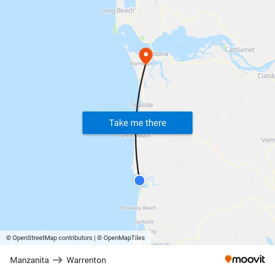 Manzanita to Warrenton map
