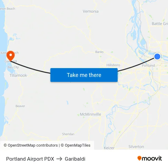 Portland Airport PDX to Garibaldi map