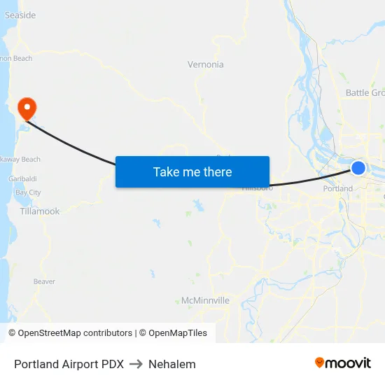 Portland Airport PDX to Nehalem map