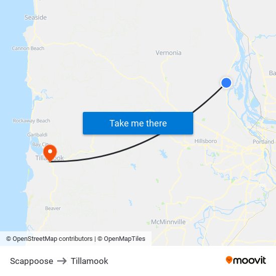 Scappoose to Tillamook map