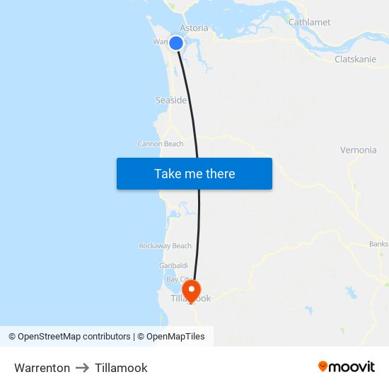Warrenton to Tillamook map