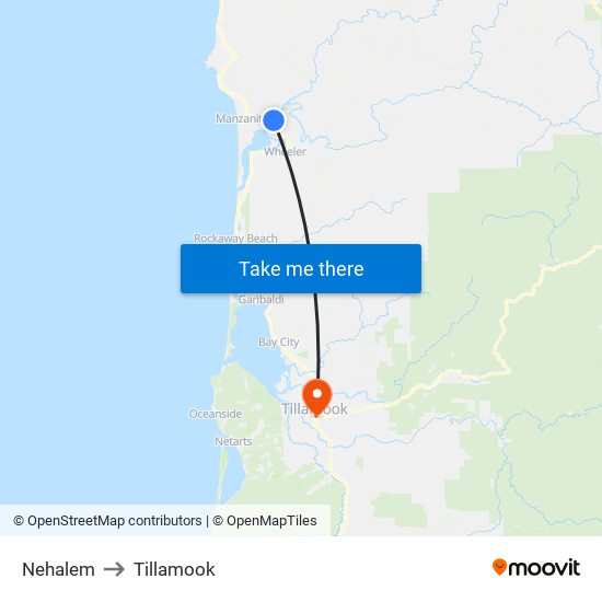 Nehalem to Tillamook map